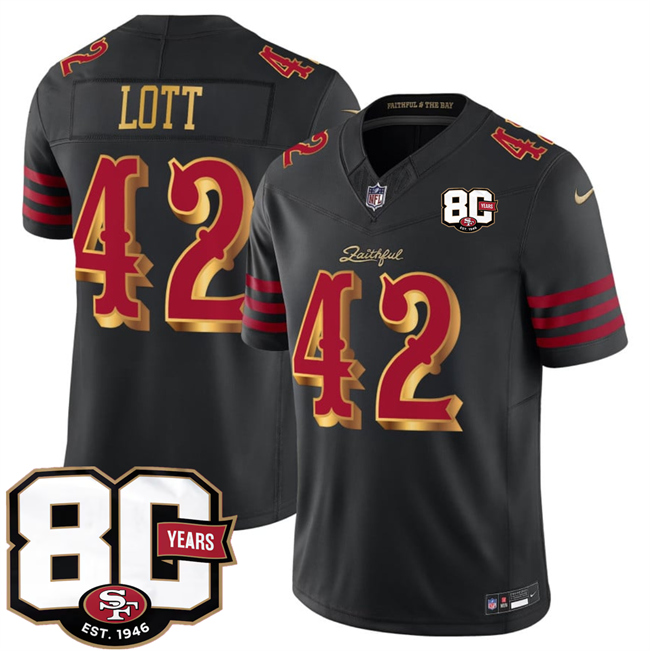 Men's Black San Francisco 49ers #42 Ronnie Lott 80th Anniversary Patch “Rivalries” 2026 F.U.S.E. Vapor Untouchabl Limited Stitched Football Jersey